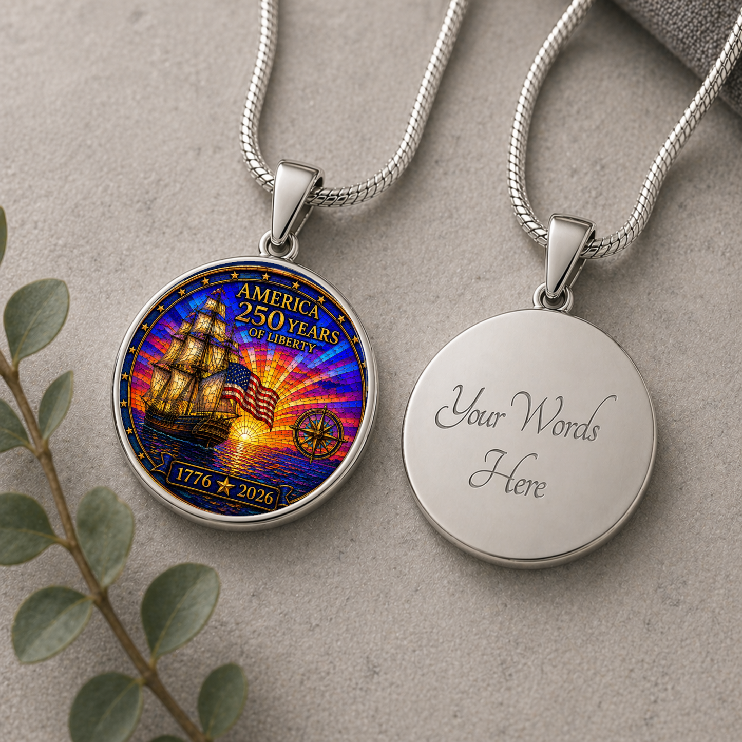 America 250 Years Necklace or Keychain Stained Glass Style Liberty Ship Patriotic Commemorative Limited Edition