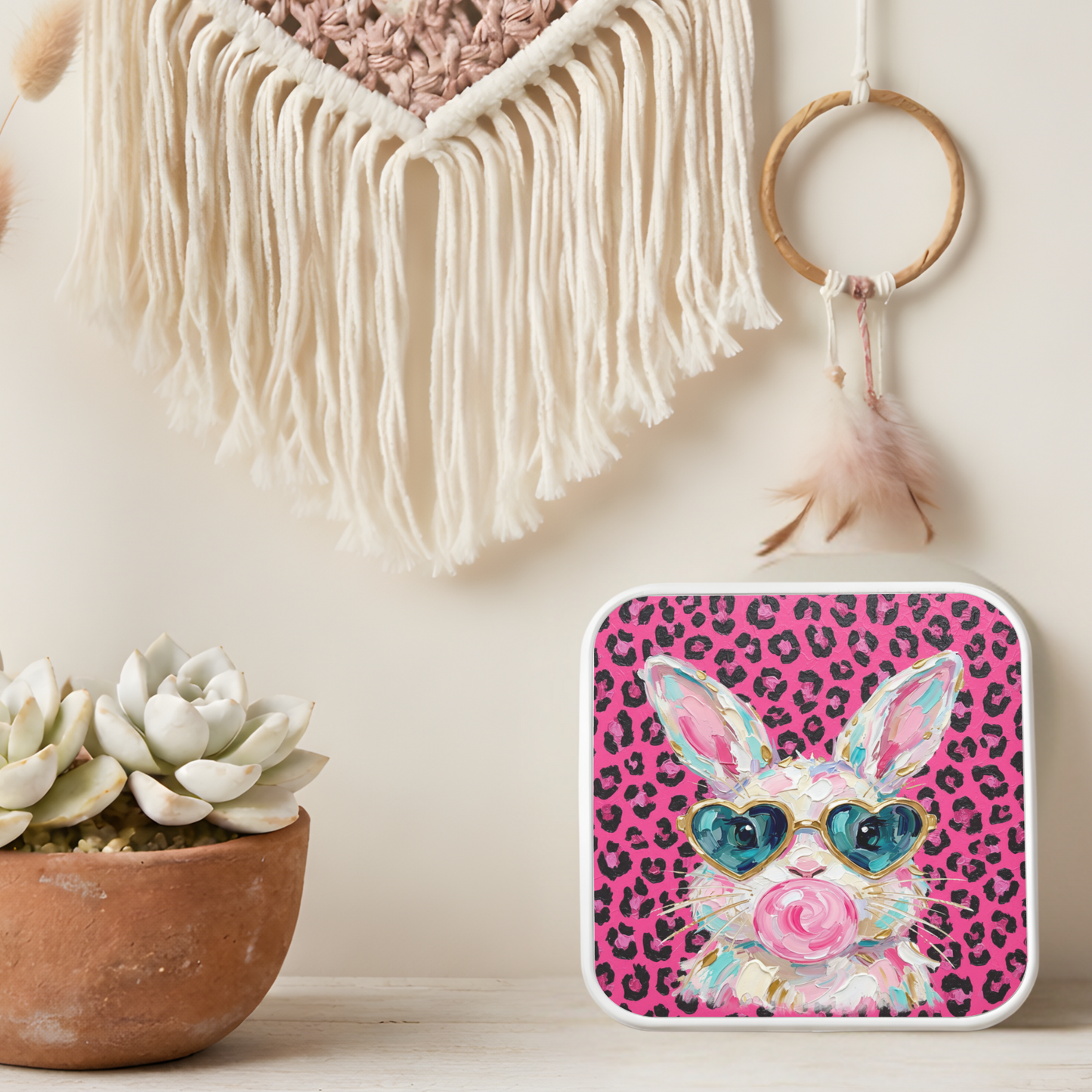 Cute Bunny Necklace or Keychain, Pink Leopard Bunny Jewelry, Kawaii Rabbit Pendant for Teen Girl, Easter Basket Stuffer Gift