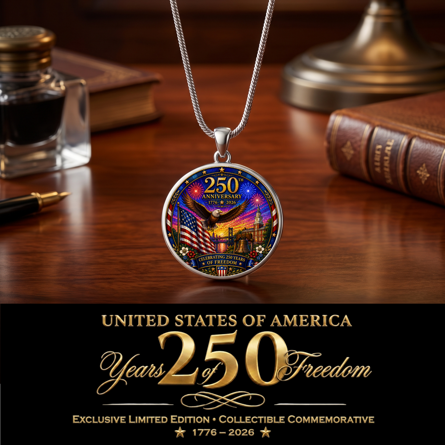 250th Anniversary Necklace or Keychain Stained Glass Style Patriotic USA Freedom Commemorative Limited Edition