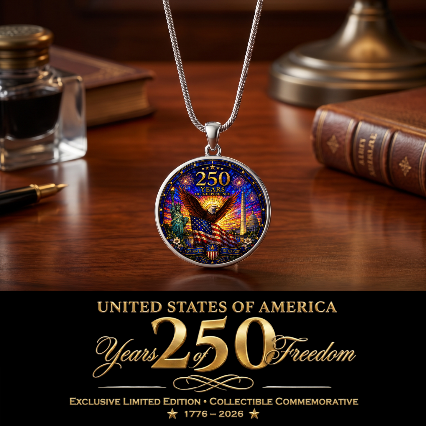 250 Years of Independence Necklace or Keychain Stained Glass Style Patriotic Eagle USA Commemorative Limited Edition