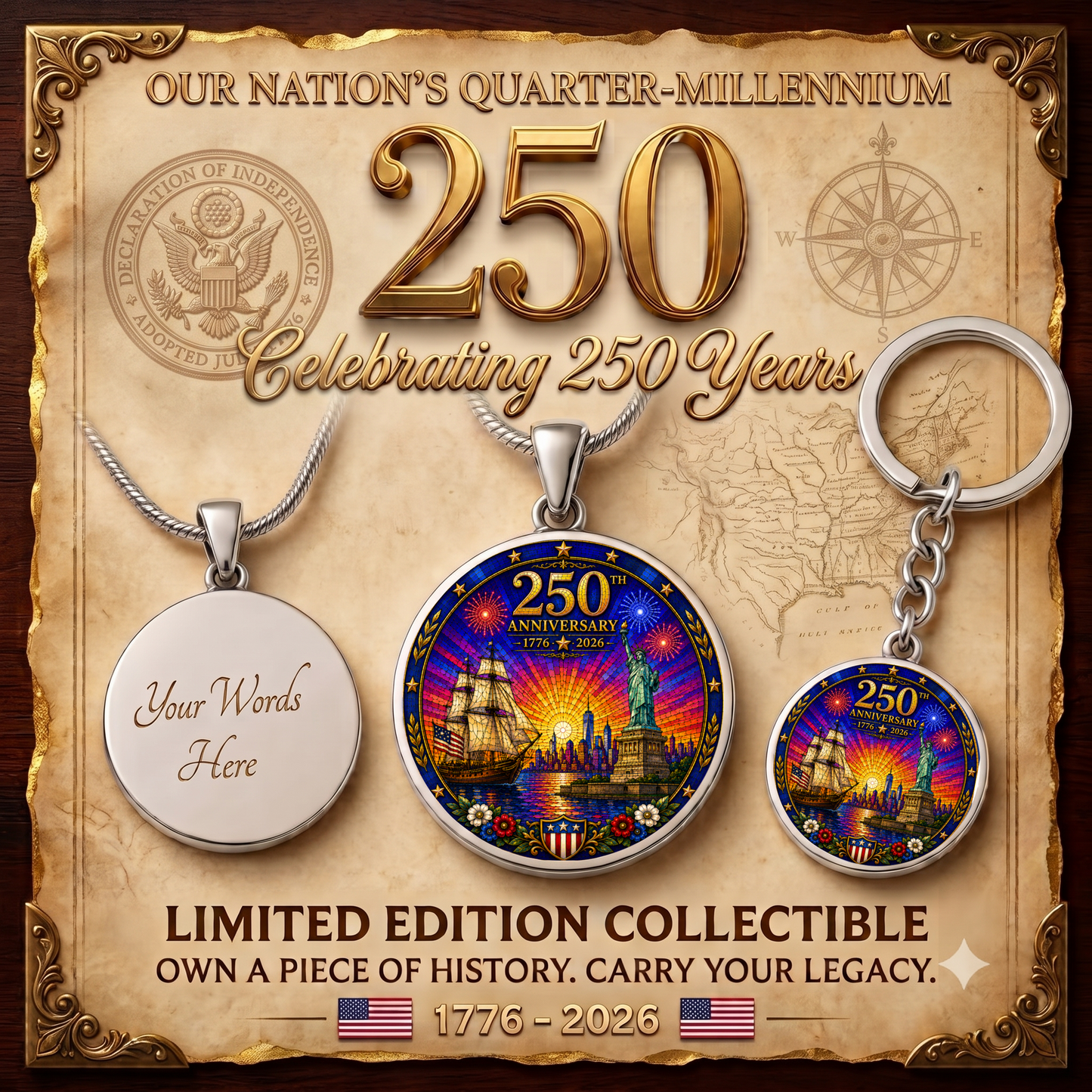 250th Anniversary Necklace or Keychain Stained Glass Style Statue of Liberty Ship NYC Commemorative Limited Edition