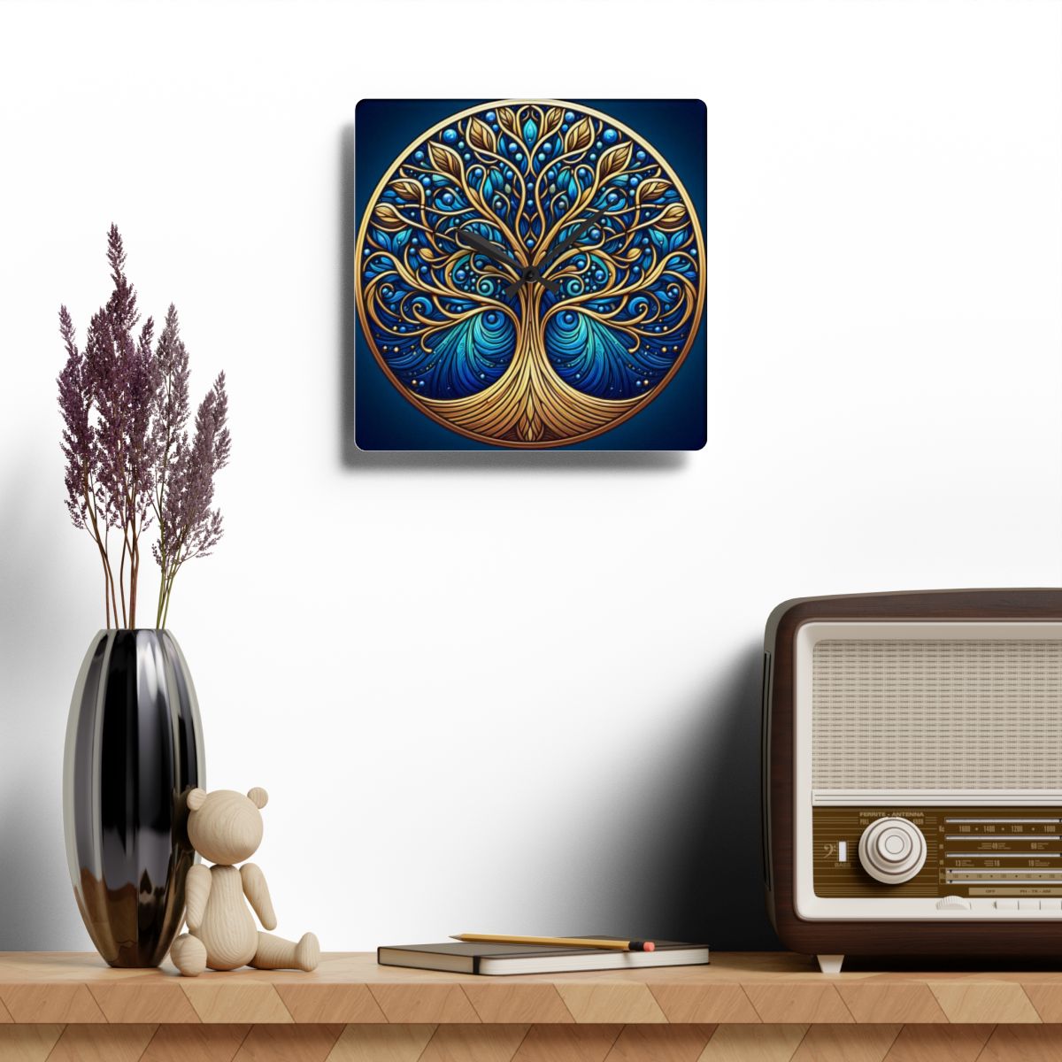 Blue and Gold Stained Glass Tree of Life Custom Clock