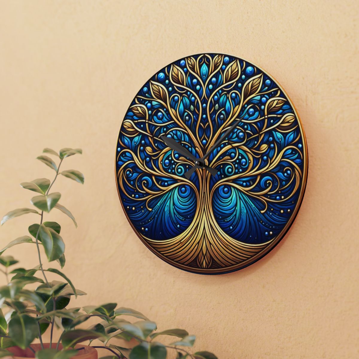 Blue and Gold Stained Glass Tree of Life Custom Clock