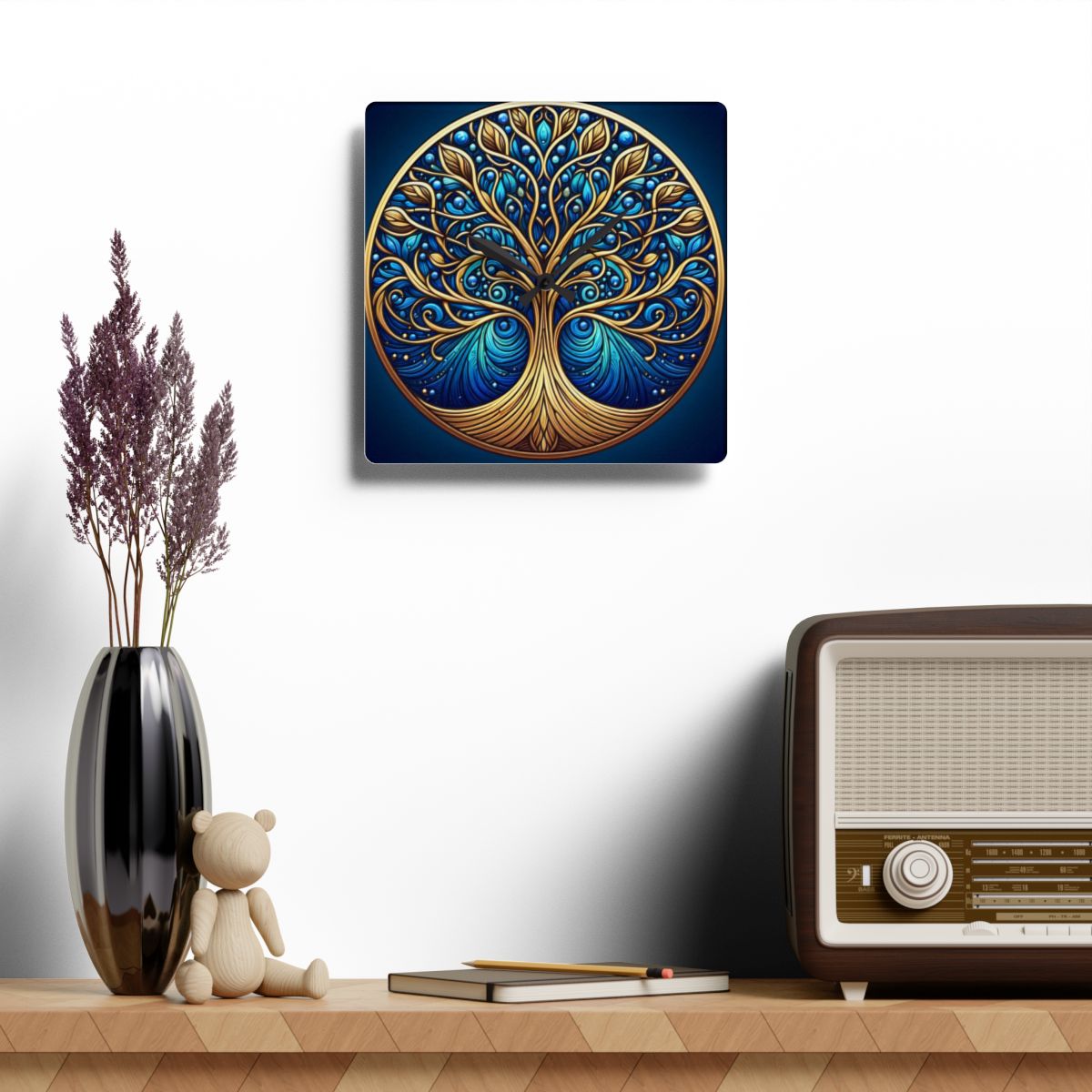 Blue and Gold Stained Glass Tree of Life Custom Clock