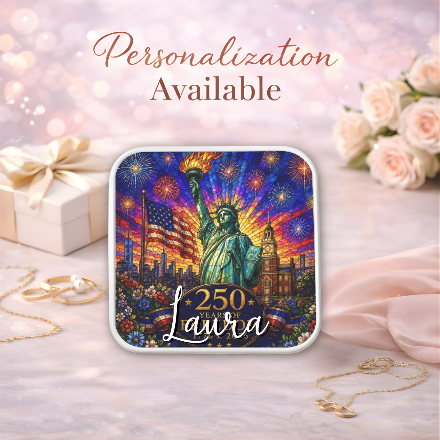 250 Years of Freedom Necklace or Keychain Stained Glass Style Statue of Liberty Independence Hall Patriotic USA Commemorative Limited Edition