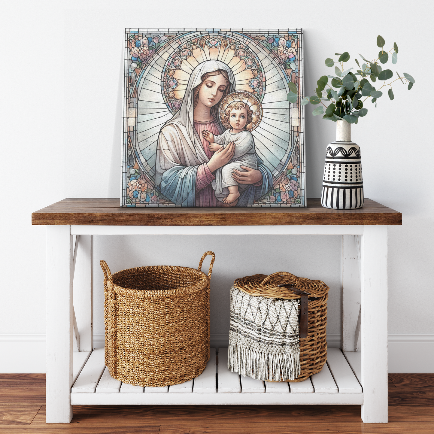 Stained Glass Style Virgin Mary Baby & Jesus Canvas