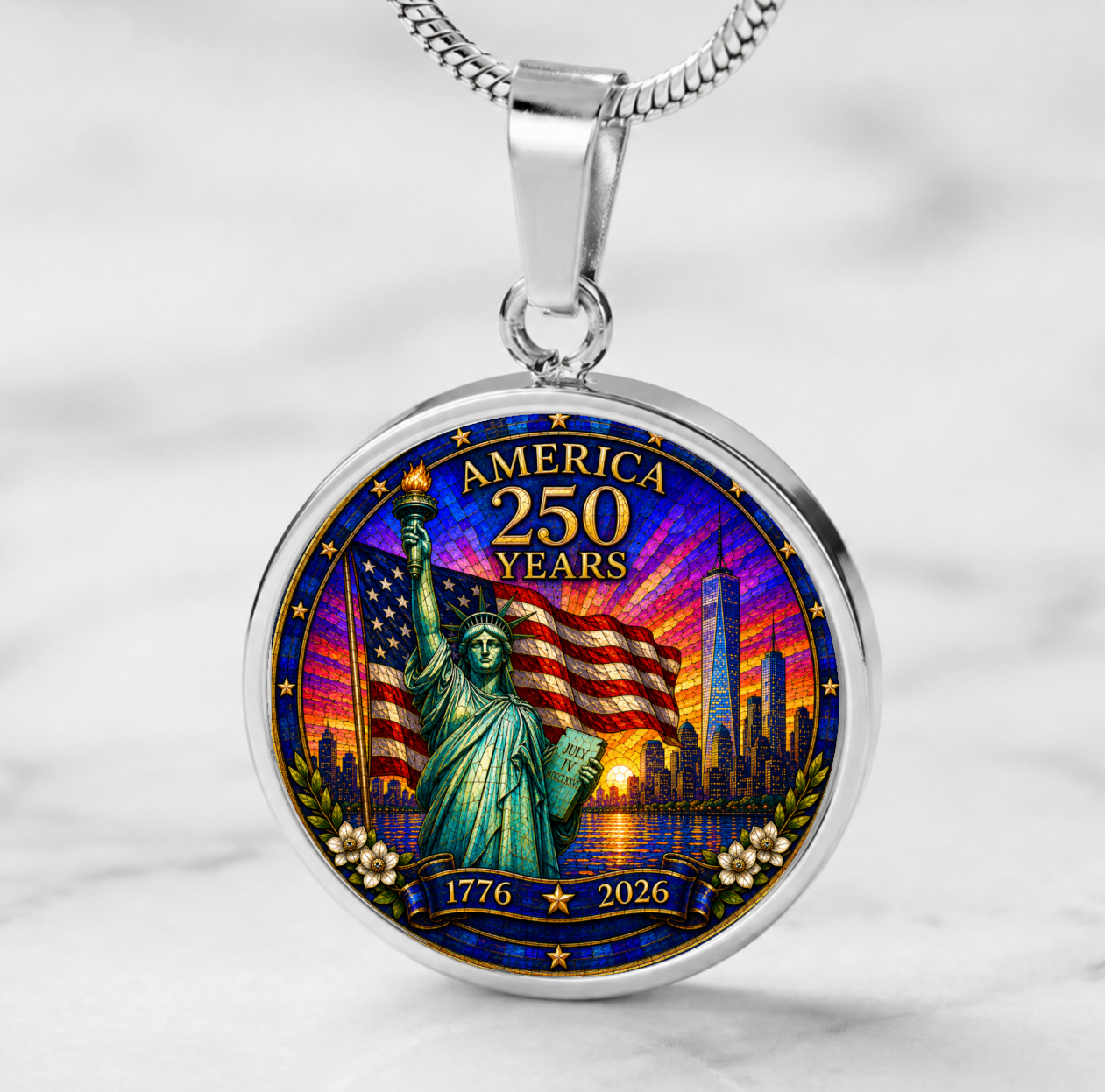 America 250 Years Necklace or Keychain Stained Glass Style Statue of Liberty NYC Commemorative Limited Edition