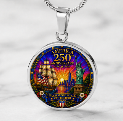 America 250th Anniversary Necklace or Keychain Stained Glass Style Statue of Liberty Ship Patriotic USA Commemorative Limited Edition