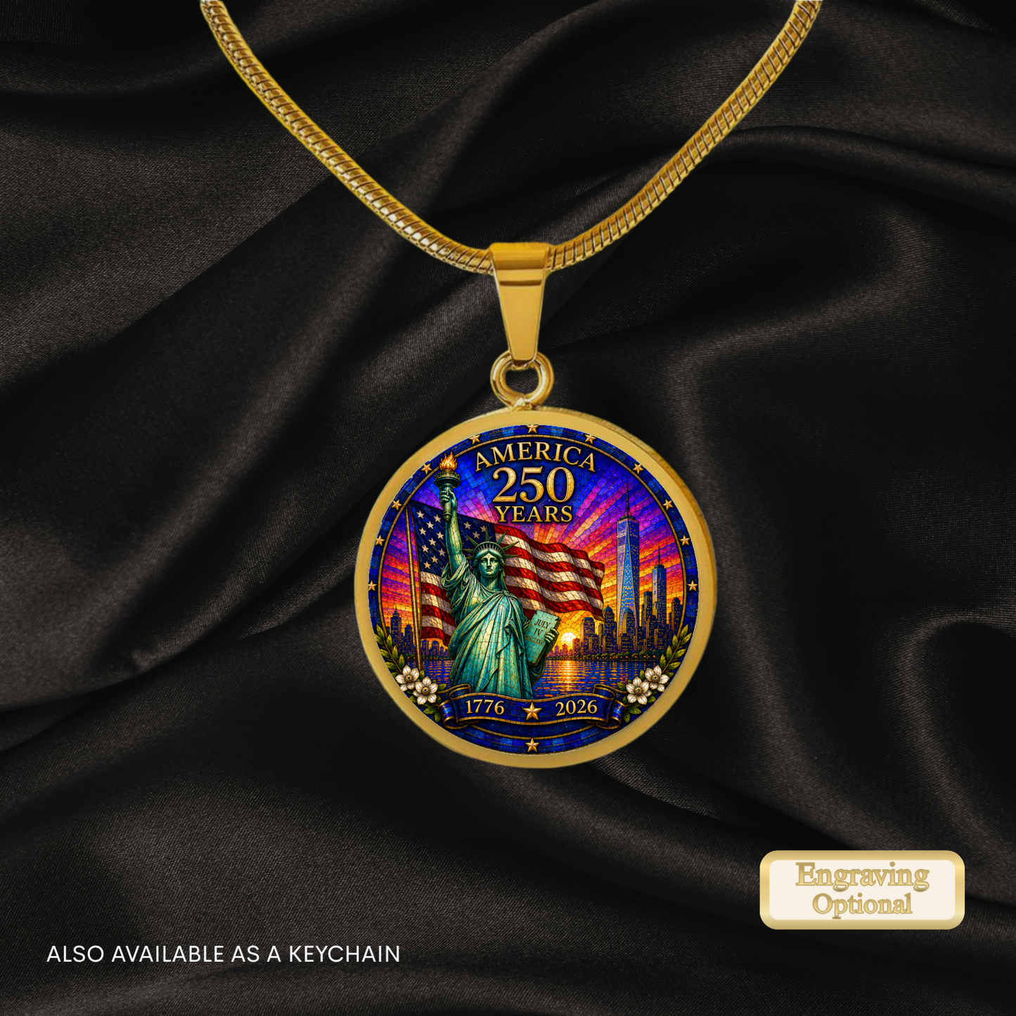 America 250 Years Necklace or Keychain Stained Glass Style Statue of Liberty NYC Commemorative Limited Edition
