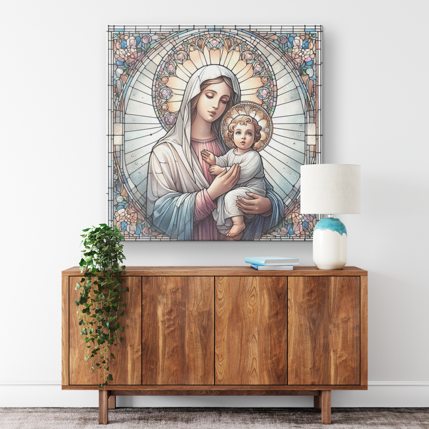 Stained Glass Style Virgin Mary Baby & Jesus Canvas