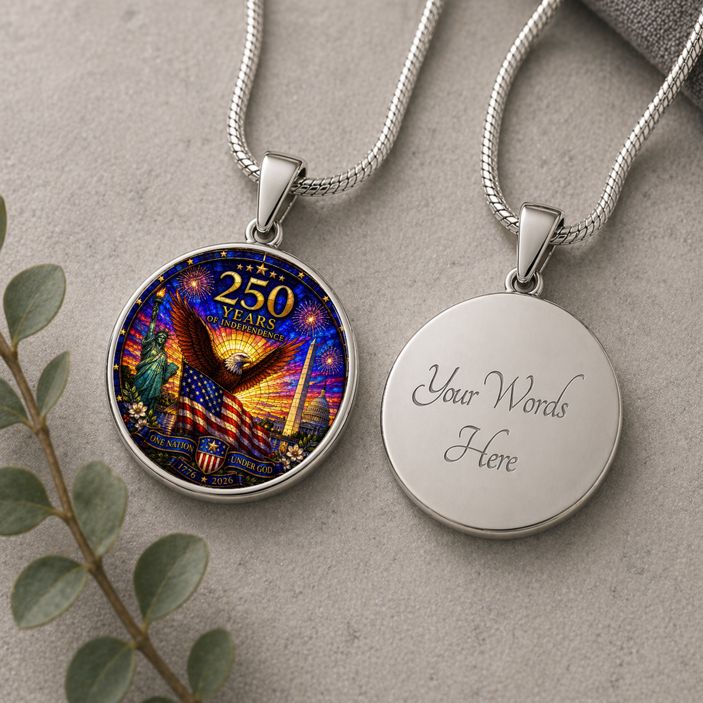 250 Years of Independence Necklace or Keychain Stained Glass Style Patriotic Eagle USA Commemorative Limited Edition
