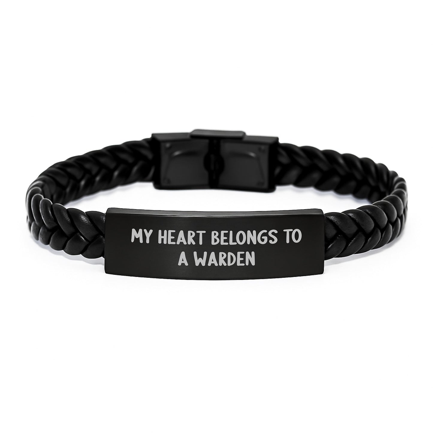 Funny Warden Gifts from Friends for Him - My Heart Belongs To A Warden Interlaced Leather Bracelet, Christmas Unique - Image 1