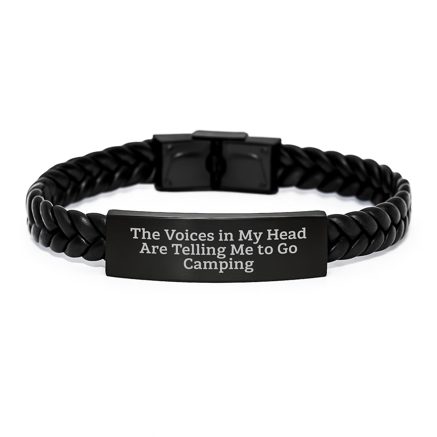 Funny Camping Gifts for Friends from Men - Interlaced Leather Bracelet with Quote 'The Voices In My Head Are Telling Me To Go Camping' - Unique Graduation Present - Image 1