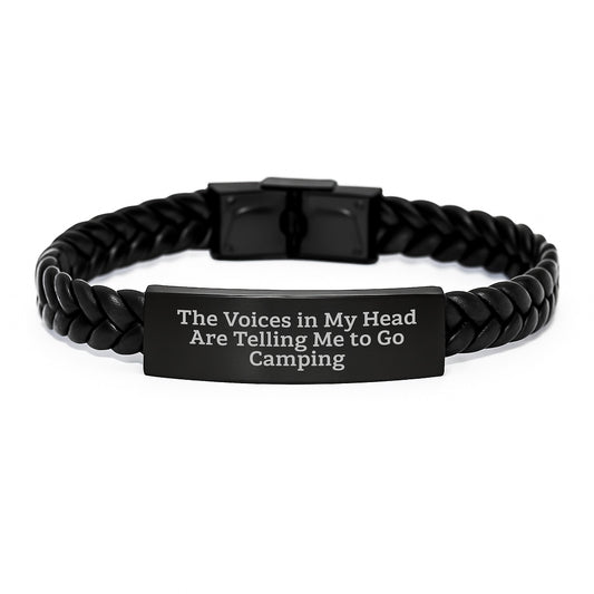 Funny Camping Gifts for Friends from Men - Interlaced Leather Bracelet with Quote 'The Voices In My Head Are Telling Me To Go Camping' - Unique Graduation Present - Image 1