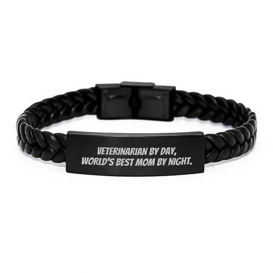 Veterinarian Gifts from Friends, Veterinarian Interlaced Leather Bracelet, Funny Quote, 'Veterinarian By Day, World's Best Mom By Night.' for Graduation - Image 1