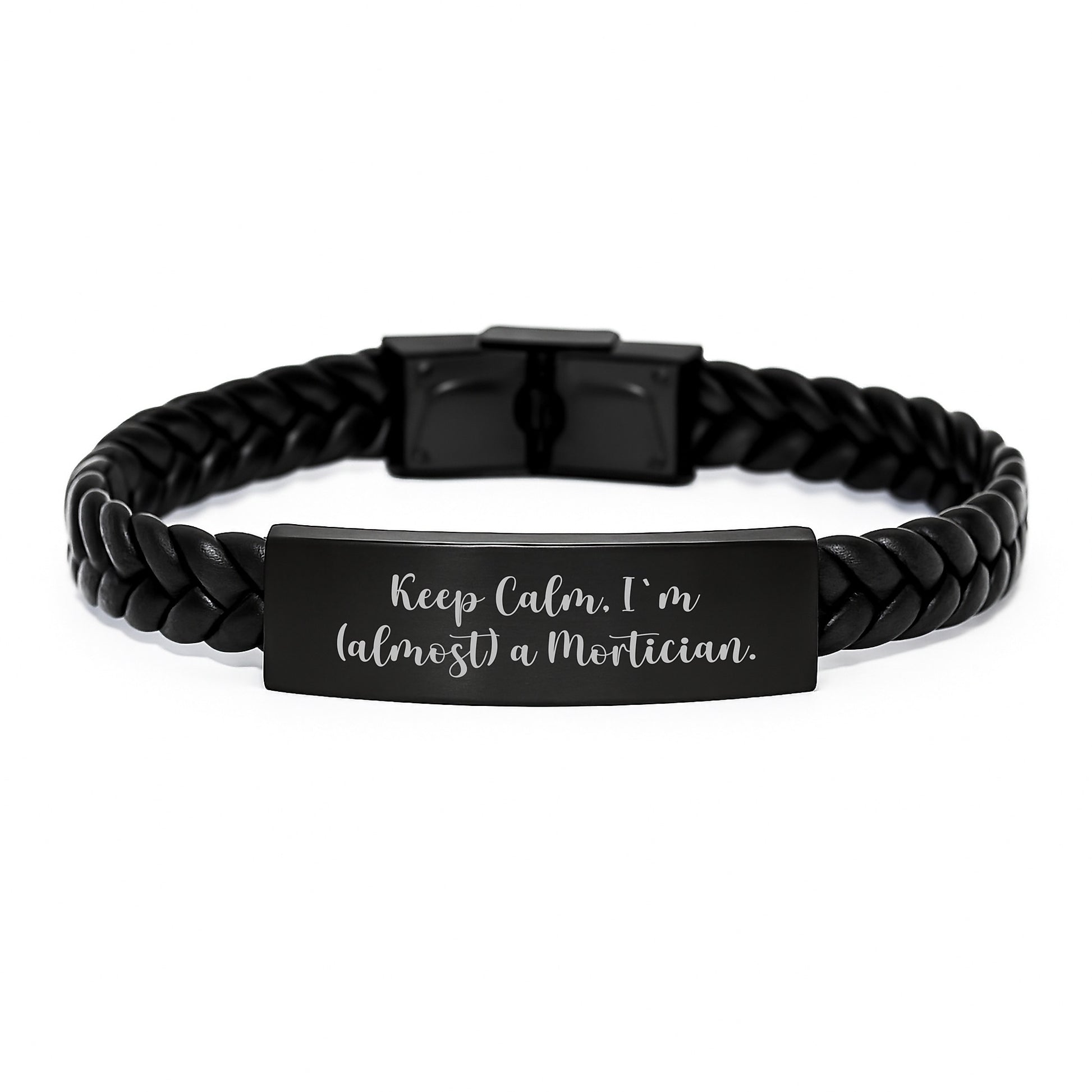 Funny Mortician Gifts for Men - Interlaced Leather Bracelet with 'Keep Calm I'm (almost) A Mortician',
    Christmas Unique for Mortician Friends Family - Image 1