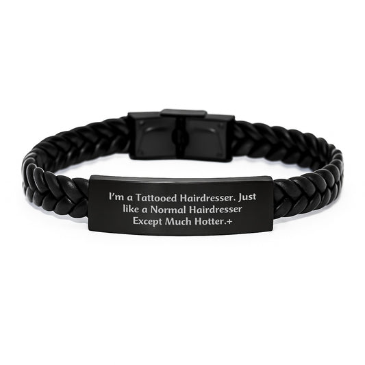 Unique Funny Hairdresser Gifts for Men Women from Friends Family - Interlaced Leather Bracelet with Engraved Stainless Steel - Image 1