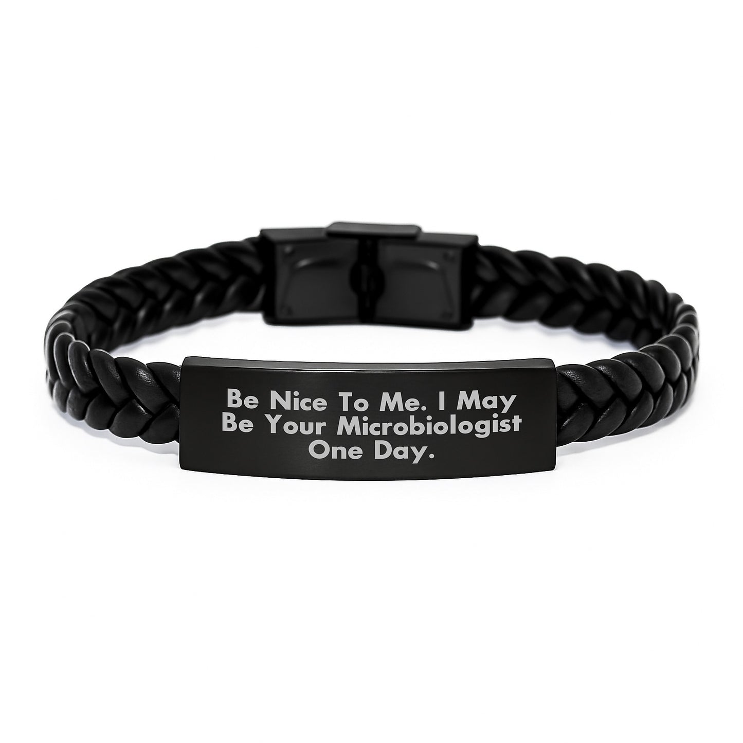 Funny Microbiologist Gifts for Men - Interlaced Leather Bracelet with Engraved Stainless Steel, Gifts from Friends to Family - Be Nice To Me I May Be Your Microbiologist One Day Christmas Unique - Image 1