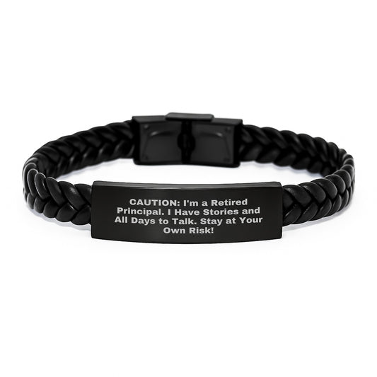 Funny Principal Gifts, 'Caution: I'm A Retired Principal...' Interlaced Leather Bracelet for Men, Women, Friends, Coworkers, Family - Graduation Unique Gifts from Principal - Image 1