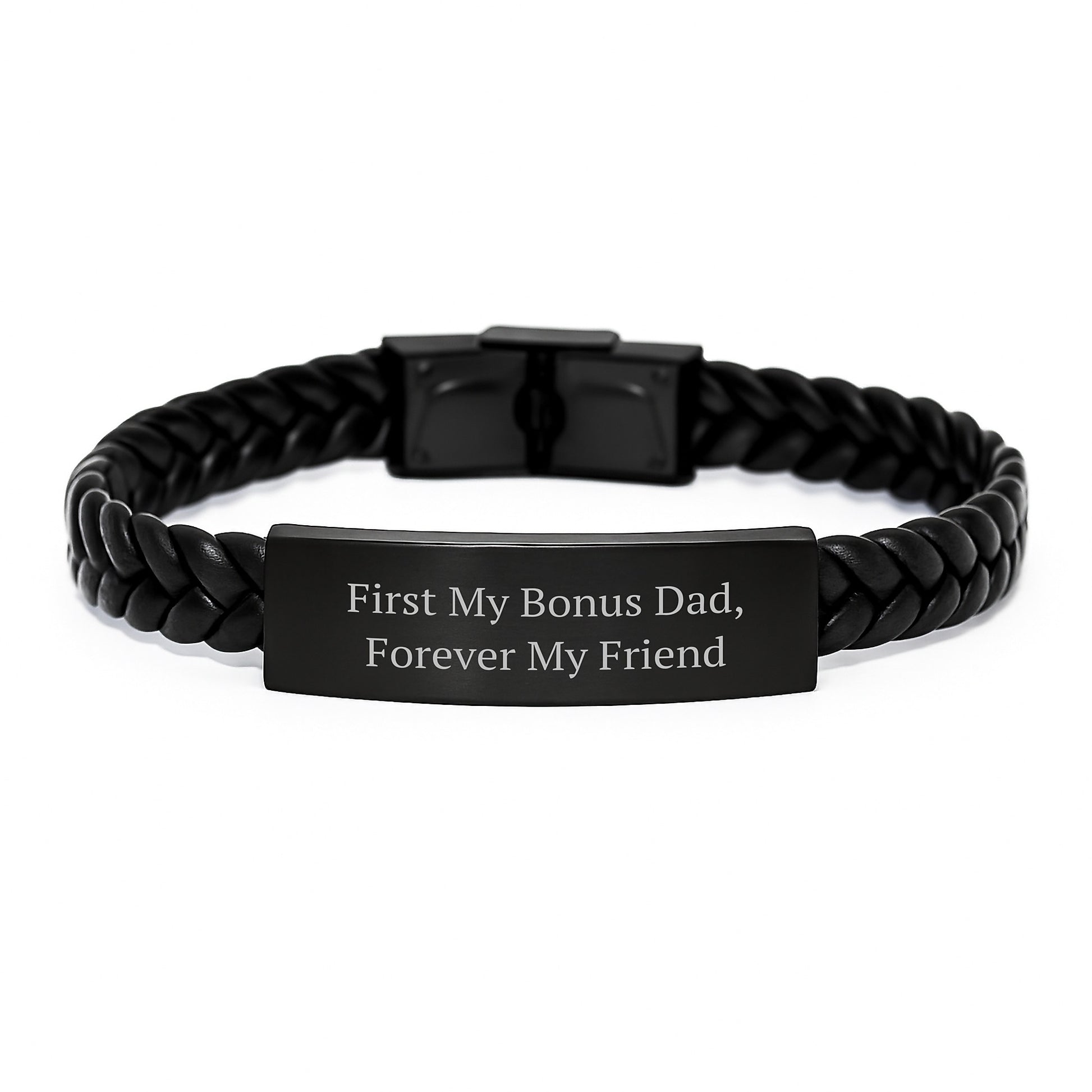 Funny Gift for Bonus Dad, 'First My Bonus Dad, Forever My Friend' Interlaced Leather Bracelet for Men, Unique Christmas Unique Gifts from Son to Dad, Stylish Stainless Steel and PU Leather - Image 1