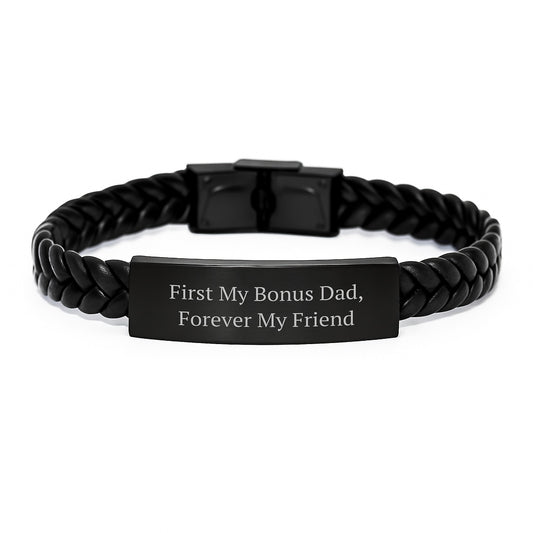 Funny Gift for Bonus Dad, 'First My Bonus Dad, Forever My Friend' Interlaced Leather Bracelet for Men, Unique Christmas Unique Gifts from Son to Dad, Stylish Stainless Steel and PU Leather - Image 1