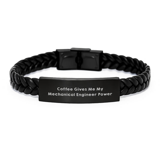 Inspirational Mechanical Engineer Birthday Unique Gift from Friends, 'Coffee Gives Me My Mechanical Engineer Power' Interlaced Leather Bracelet for Him - Image 1
