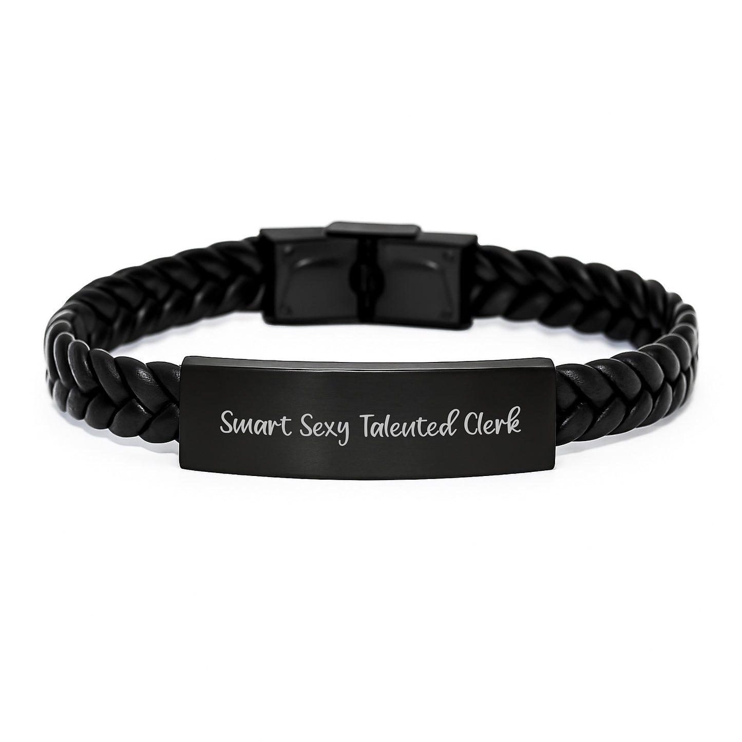 Smart Sexy Talented Clerk Interlaced Leather Birthday Unique Gifts, Engraved Stainless Steel, Gifts from Friends for Clerk, Unique Men's Accessories - Image 1