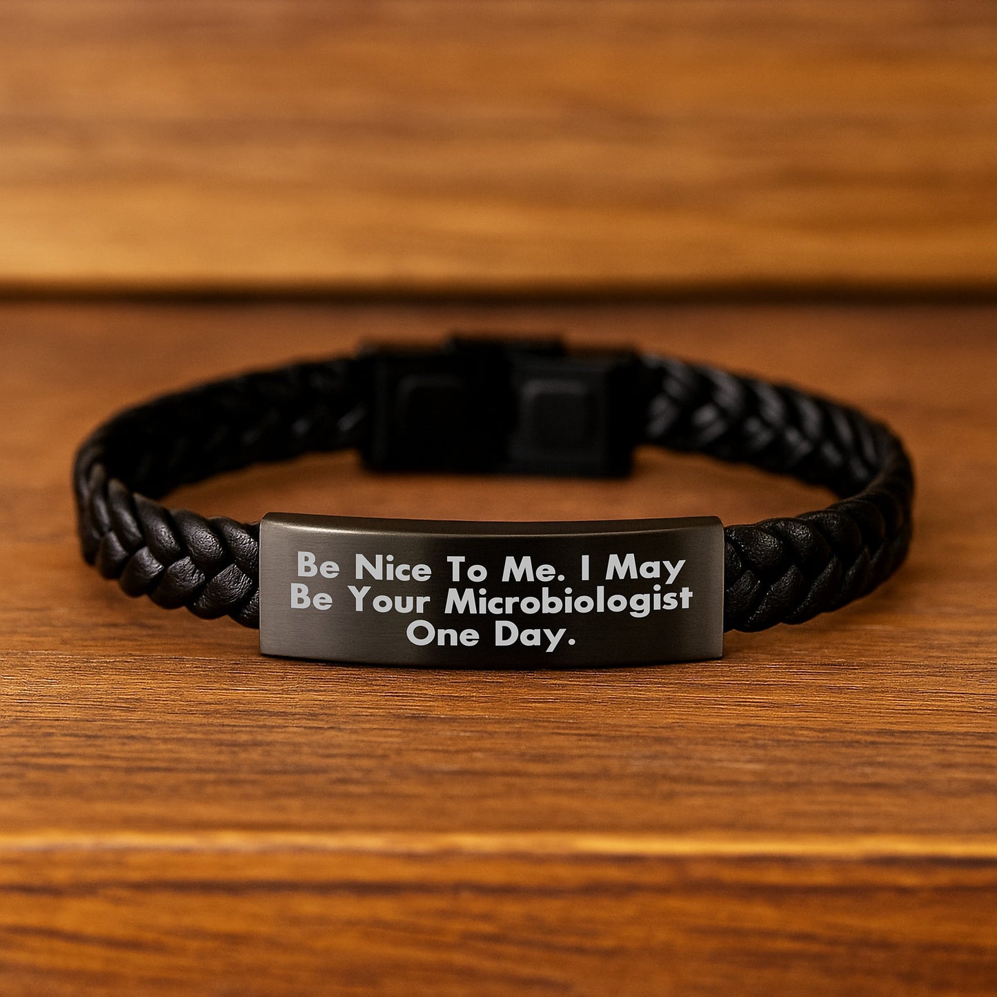 Funny Microbiologist Gifts for Men - Interlaced Leather Bracelet with Engraved Stainless Steel, Gifts from Friends to Family - Be Nice To Me I May Be Your Microbiologist One Day Christmas Unique - Image 2