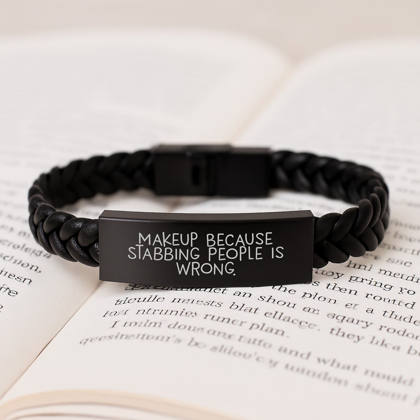 Makeup Lover's Interlaced Leather Bracelet, Funny Quote 'Makeup Because Stabbing People Is Wrong.', Gift for Friends, Family, or Coworkers, Christmas Unique Gifts - Image 3
