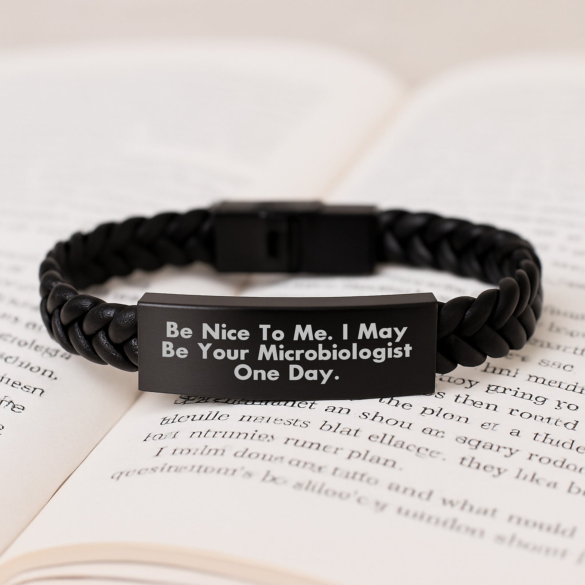 Funny Microbiologist Gifts for Men - Interlaced Leather Bracelet with Engraved Stainless Steel, Gifts from Friends to Family - Be Nice To Me I May Be Your Microbiologist One Day Christmas Unique - Image 3