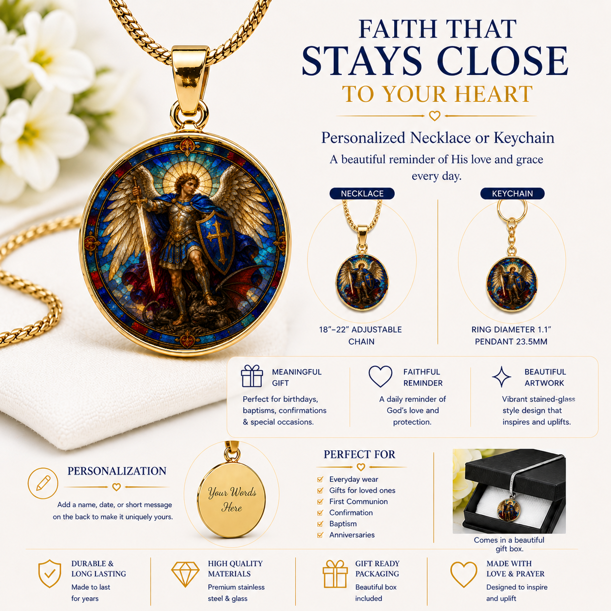Archangel Michael Necklace or Keychain, Saint Michael Catholic Necklace, Protection Jewelry, Religious Keepsake Gift