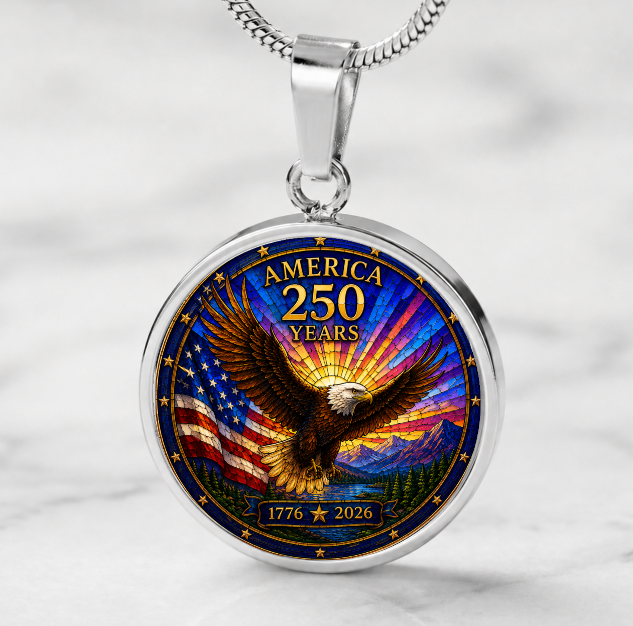 America 250 Years Necklace or Keychain Stained Glass Style USA Commemorative Limited Edition Patriotic Keepsake