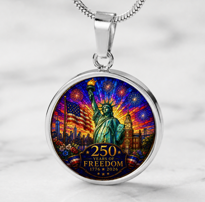 250 Years of Freedom Necklace or Keychain Stained Glass Style Statue of Liberty Independence Hall Patriotic USA Commemorative Limited Edition