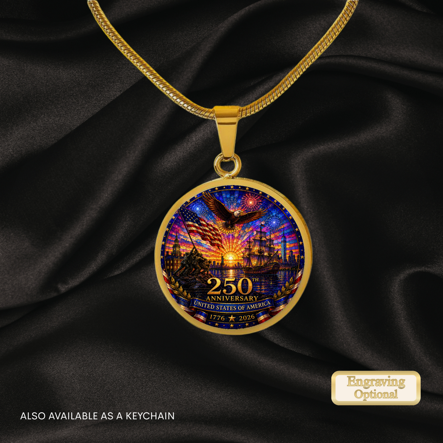 250th Anniversary United States of America Necklace or Keychain Stained Glass Style Patriotic Eagle Ship USA Commemorative Limited Edition
