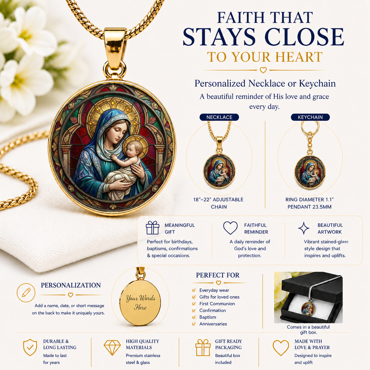 Mary and Baby Jesus Necklace or Keychain, Catholic Necklace, Virgin Mary Jewelry, Religious Keepsake Gift