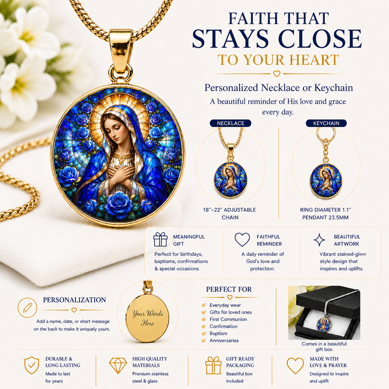 Virgin Mary Necklace or Keychain, Catholic Necklace, Blessed Mother Jewelry, Religious Keepsake Gift
