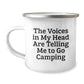 Funny Camping Mug Gifts from Friends for Graduation, 'The Voices In My Head Are Telling Me To Go Camping', 12 oz Stainless Steel with Enamel Finish - Image 1