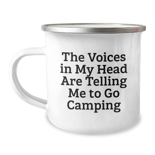 Funny Camping Mug Gifts from Friends for Graduation, 'The Voices In My Head Are Telling Me To Go Camping', 12 oz Stainless Steel with Enamel Finish - Image 1