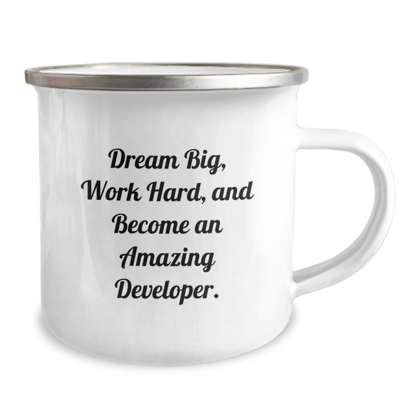 Inspirational Developer Gifts from Friends to Become Amazing, Camping Mug for Graduation, 'Dream Big, Work Hard, And Become An Amazing Developer.' - Image 2