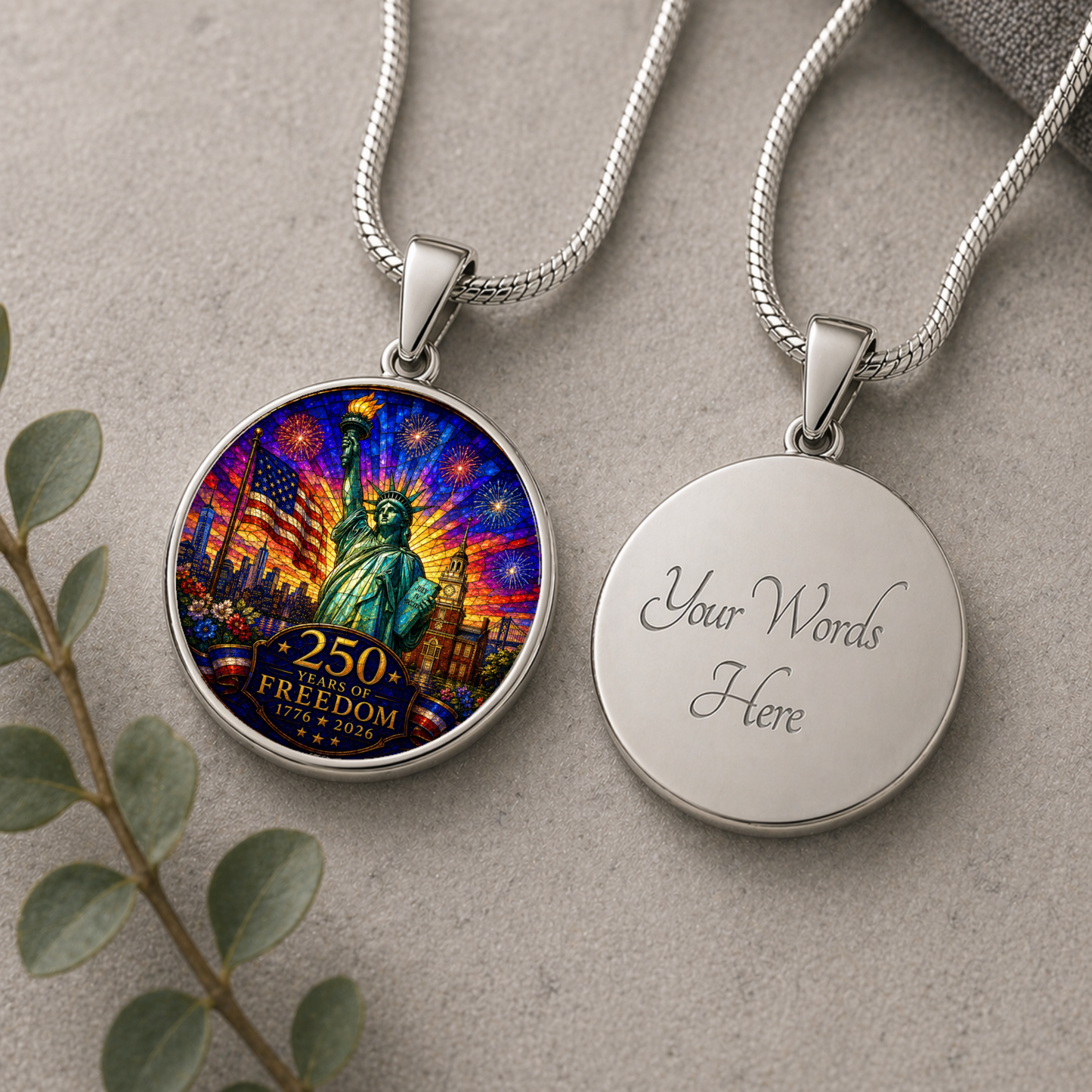 250 Years of Freedom Necklace or Keychain Stained Glass Style Statue of Liberty Independence Hall Patriotic USA Commemorative Limited Edition