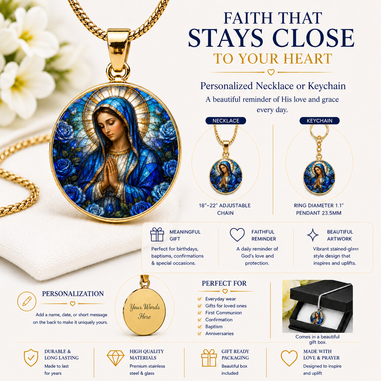 Virgin Mary Necklace or Keychain, Catholic Necklace, Blessed Mother Jewelry, Religious Keepsake Gift