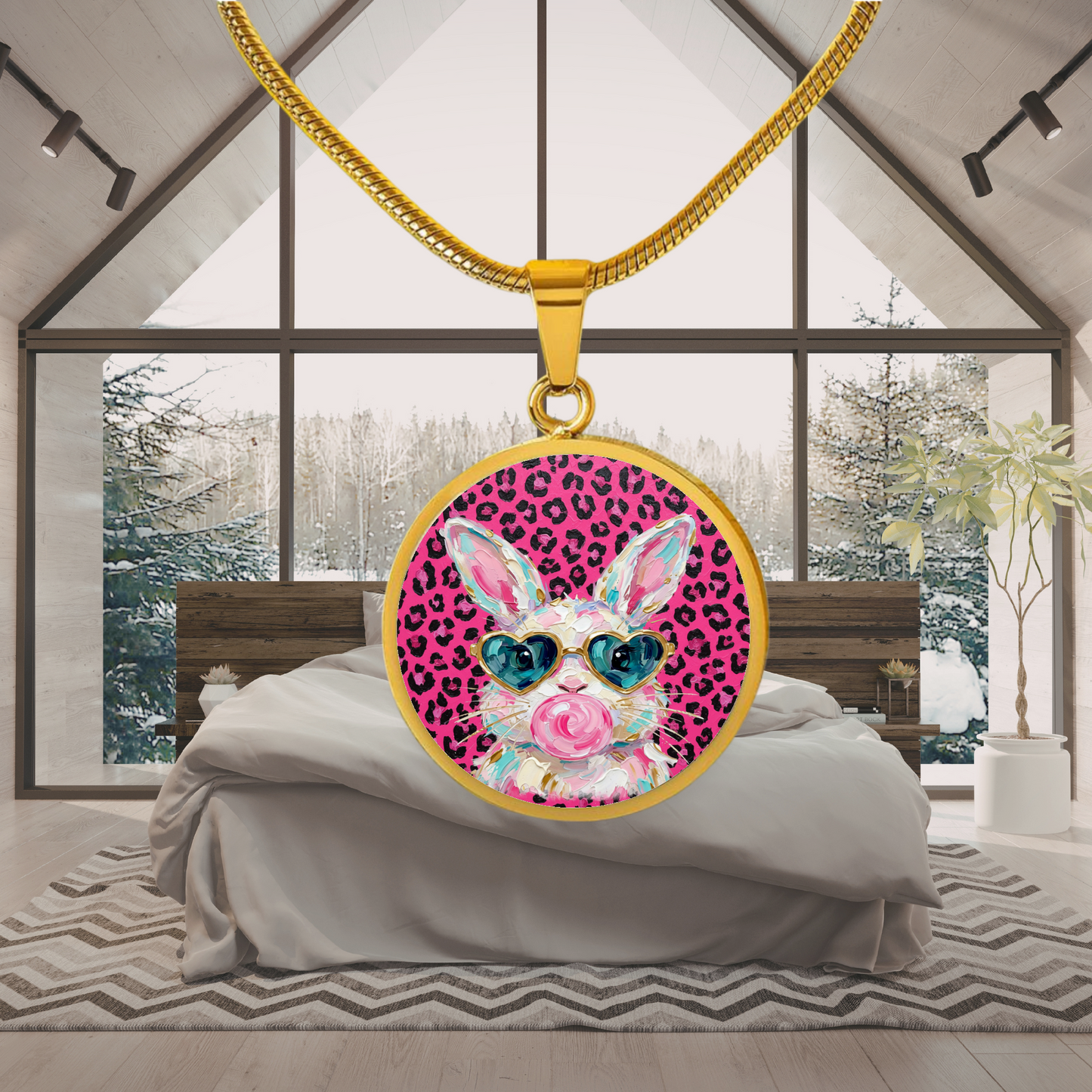 Cute Bunny Necklace or Keychain, Pink Leopard Bunny Jewelry, Kawaii Rabbit Pendant for Teen Girl, Easter Basket Stuffer Gift