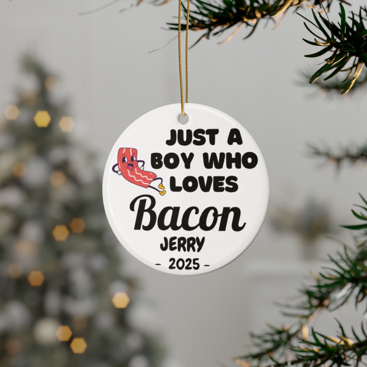 Personalized Bacon Ornament, Custom Just a Boy Who Loves Bacon Holiday Ornament, Bacon Lover Gift Xmas Ornament, Breakfast Lover Ornament