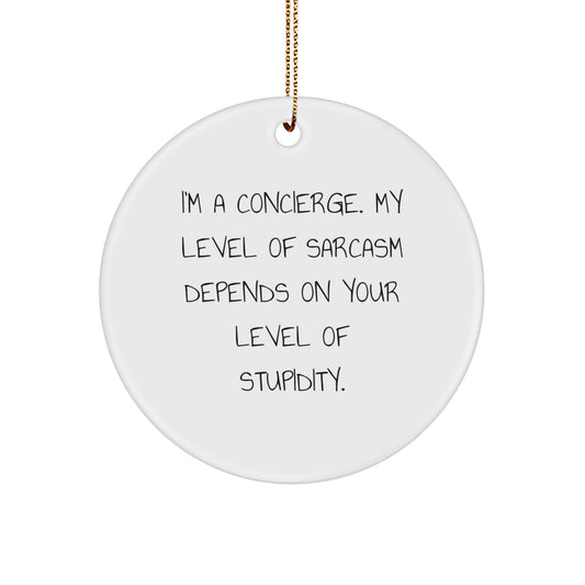 Funny Concierge Gifts from Friends, Christmas Unique Circle Ornament Quotes for Men, Women, Family - 'I'm A Concierge. My Level Of Sarcasm Depends On Your Level Of Stupidity.' - Image 1