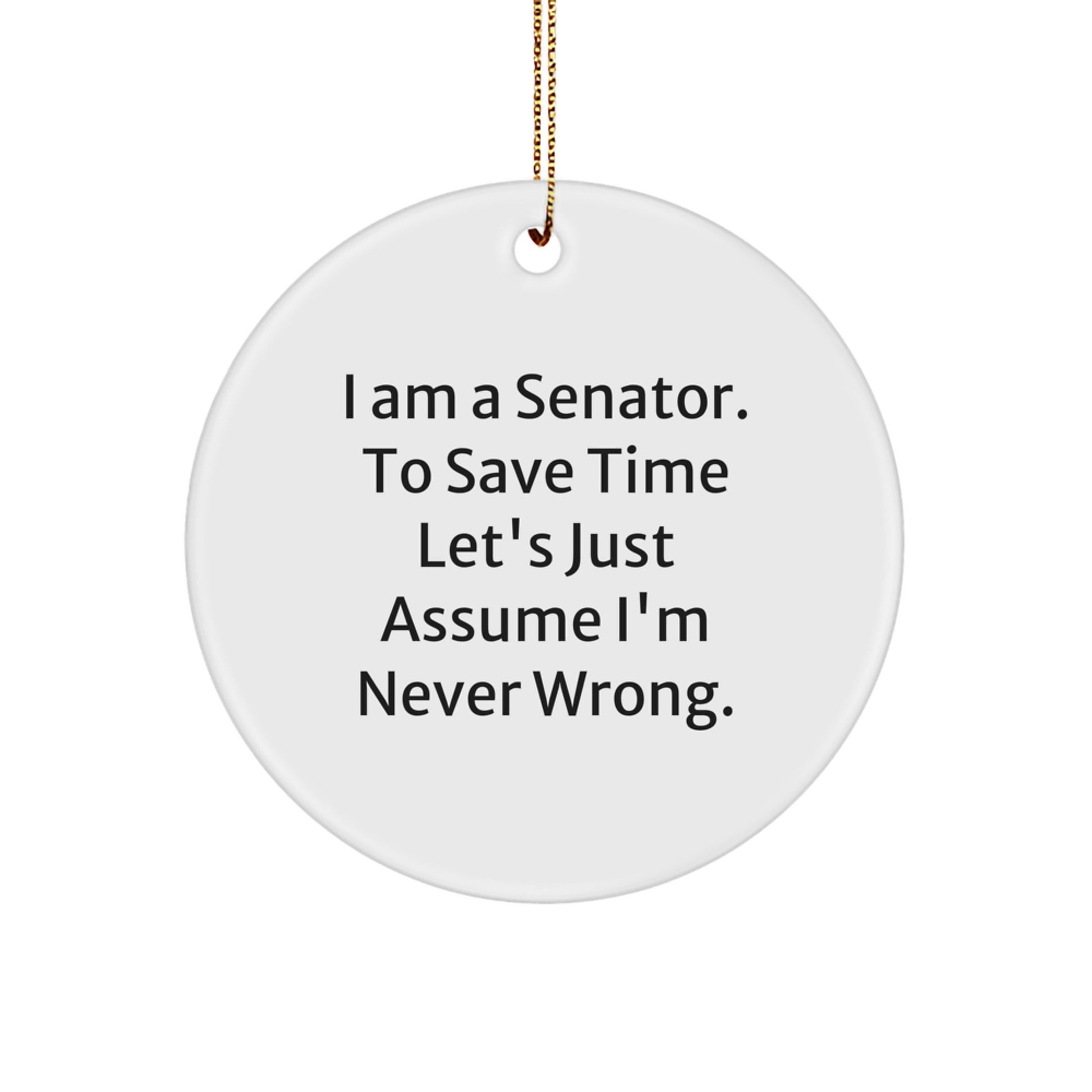 Funny Senator Gifts, Christmas Unique Circle Ornament, I Am A Senator. To Save Time Let's Just Assume I'm Never Wrong. Quote, Gifts from Men for Senator Friends - Image 1