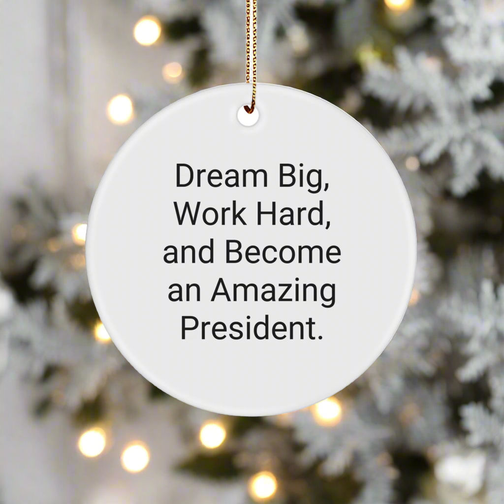 Inspirational President Gifts from Friends - Dream Big, Work Hard Circle Ornament for Him or Her, Funny White Christmas Ornament - Image 1