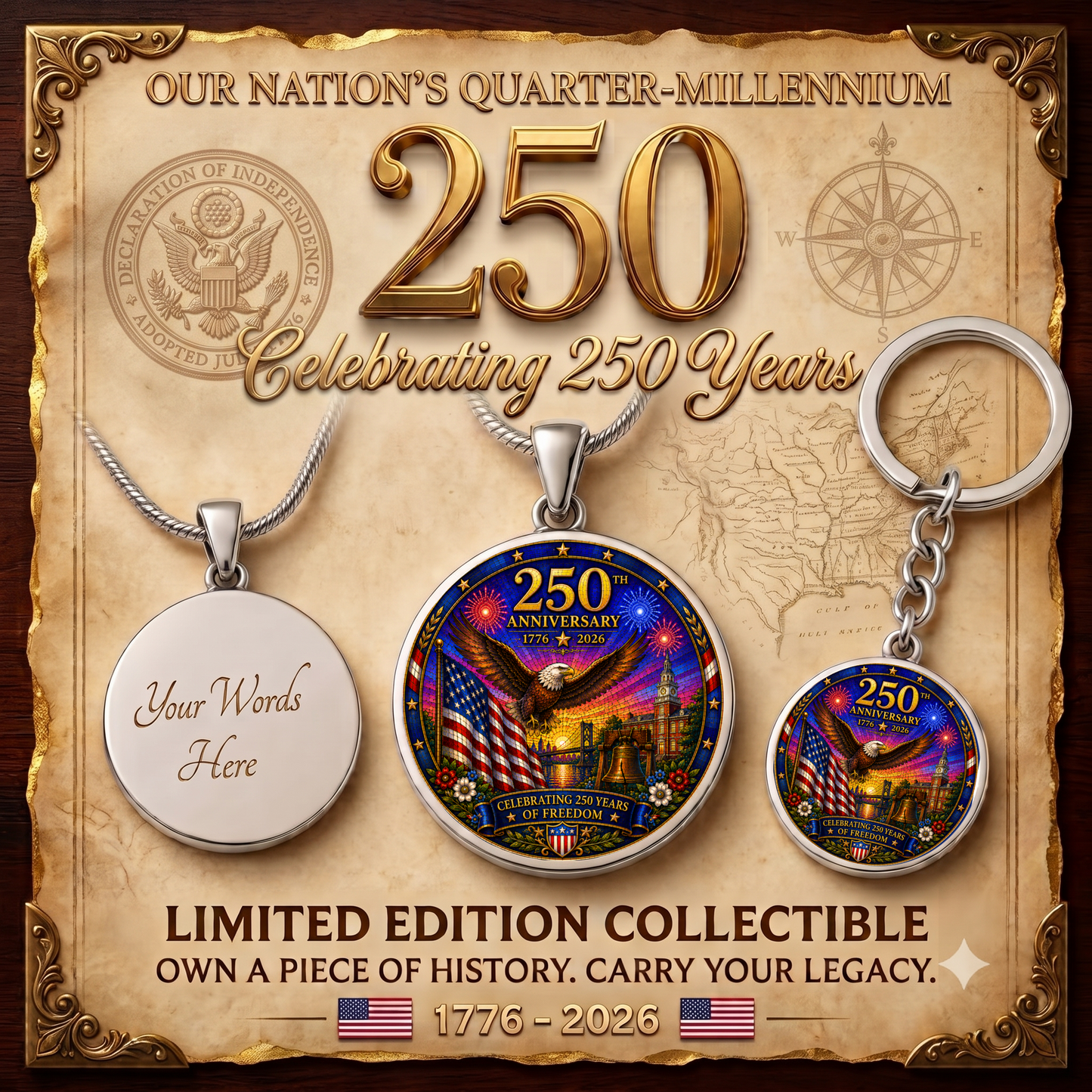250th Anniversary Necklace or Keychain Stained Glass Style USA Commemorative Limited Edition Freedom Keepsake