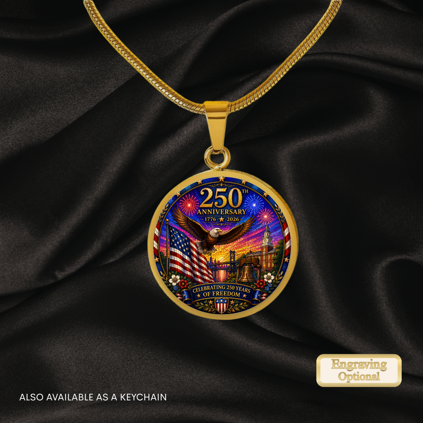 250th Anniversary Necklace or Keychain Stained Glass Style Patriotic USA Freedom Commemorative Limited Edition