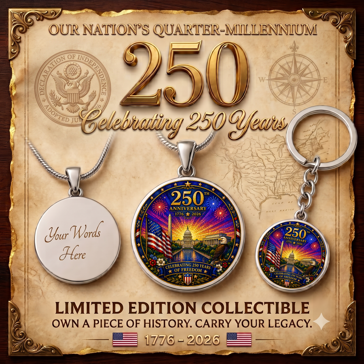 250th Anniversary Necklace or Keychain Stained Glass Style Washington DC Patriotic Commemorative Limited Edition