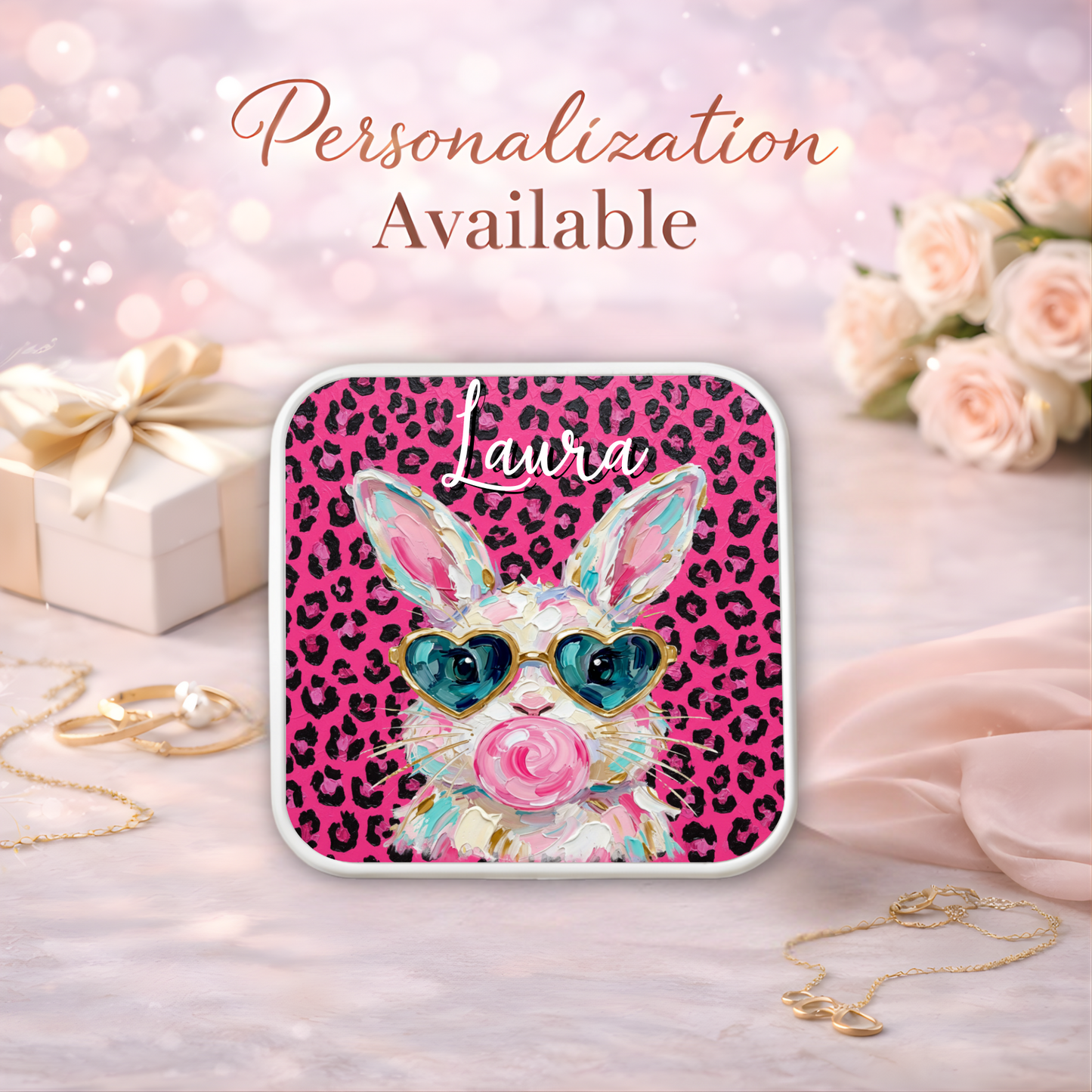 Cute Bunny Necklace or Keychain, Pink Leopard Bunny Jewelry, Kawaii Rabbit Pendant for Teen Girl, Easter Basket Stuffer Gift
